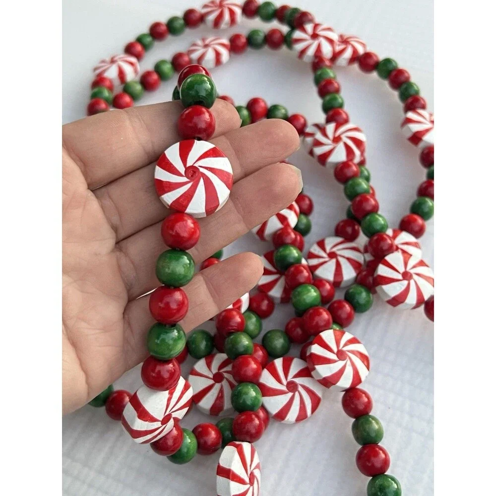 Vintage 8 Ft Wooden Christmas Garland Hand Painted Peppermint Candy Beads